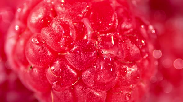 Macro Shot Drops of Clear Transparent Water Falling on Raspberry