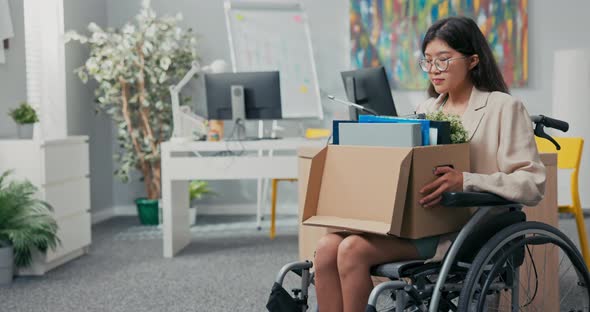 Disabled Women with Glasses and Asian Korean Beauty Sits in Wheelchair at Corporate Desk on Lap