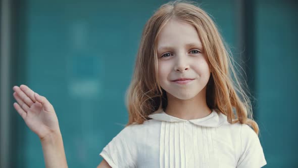 Portrait of Cute Little Girl with Long Golden Blonde Hair and Blue Eyes, Standing Looking at Camera