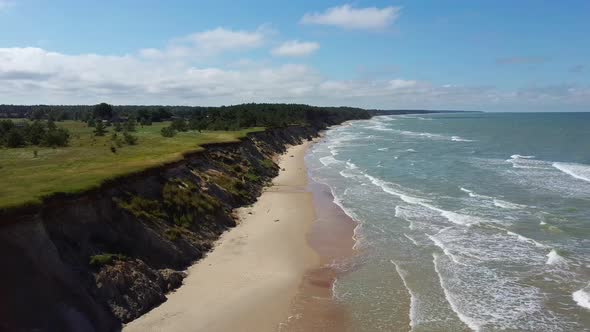 Coastline Baltic Sea Ulmale Seashore Bluffs Near Pavilosta Latvia. Aerial Dron 4K Shot