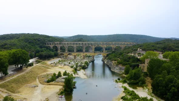 Aerial bird view footage Pont du Gard 