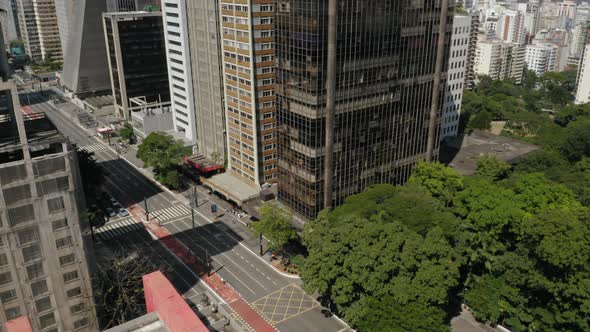 Aerial view of Paulista avenue empty during Covid Quarantine , Sao Paulo, Brazil