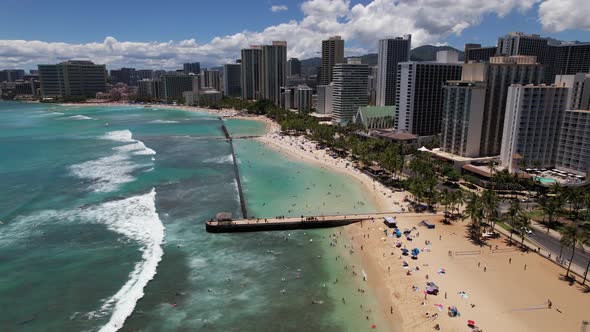 Waikiki Beach and Honolulu Aerial Push