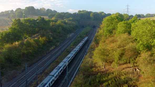 train aerial view. The movement of a train at high speed between the vineyards, top view. 