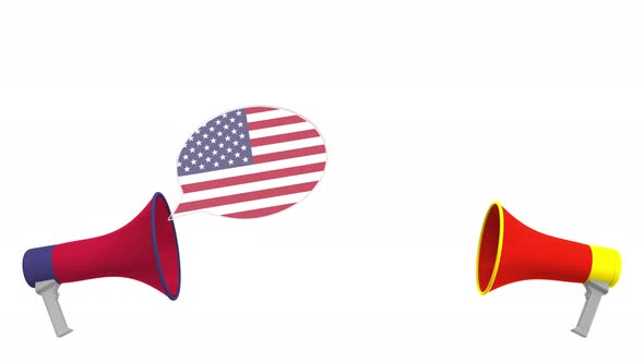 Flags of China and the USA on Speech Balloons From Megaphones