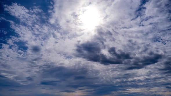 Layered Clouds Move in Blue Sky Under Bright Sun Fluffy Cloudscape Timelapse