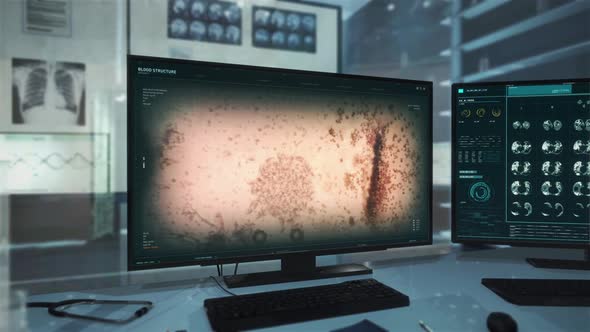 Structure of the infected blood cells is being reviewed by the medical software
