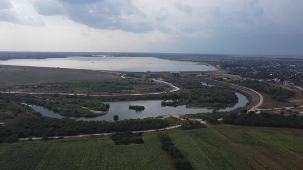 Summer Sunny Drone Shot Aerial View Flying Over Lake Close to Bucharest RO