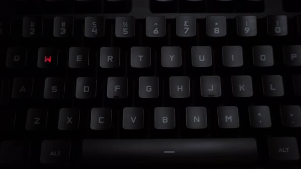 The Word War Is Typed on a Luminous Computer Keyboard. Black Backlit Keyboard with Letters. The