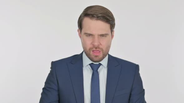 Young Businessman Coughing on White Background
