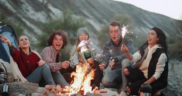 Happy Group of Friends at Camping Celebrating