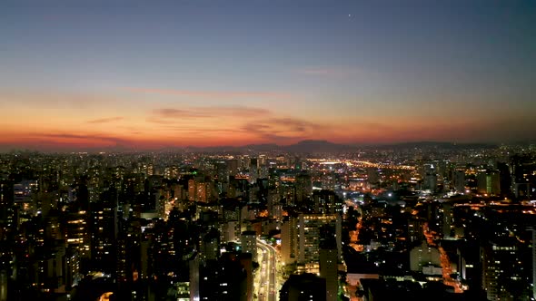 Sunset Sao Paulo Brazil. Panoramic landscape of downtown city building