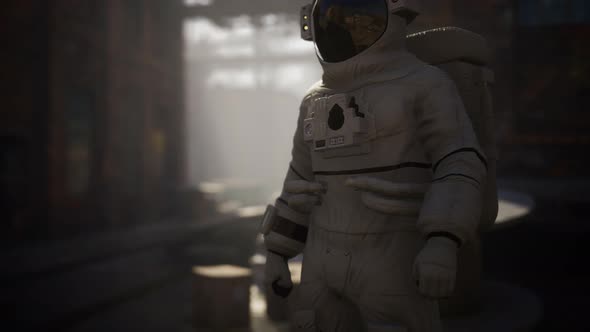 Lost Astronaut Near Abandoned Industrial Buildings of Old Factory