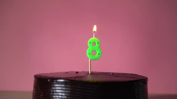 Chocolate Birthday Cake with Wick Lighting Trying to Blowout Candle