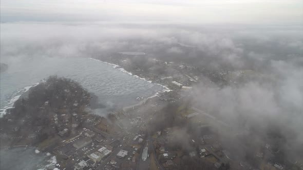 Aerial of Mahopac Lake and Town on a Cloudy Winter Day