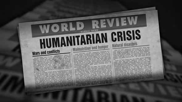 Humanitarian crisis news, famine and hunger disaster retro newspaper printing press