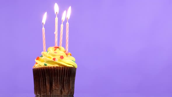 Tasty Birthday Cupcake with Four Candle, on Purple Background