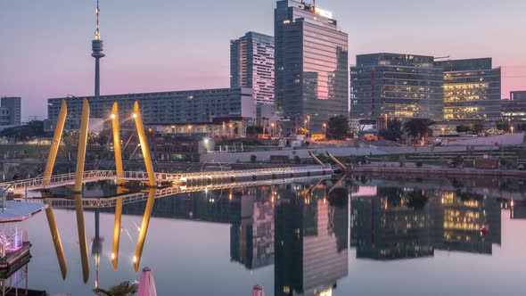 Donaustadt Danube City Night to Day Timelapse is a Modern Quarter with Skyscrapers and Business