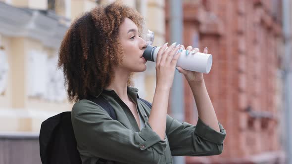 Closeup Thirsty Young Mixed Race Woman Holding Bottle Make Sip Drinks Still Water Enjoy Natural Aqua