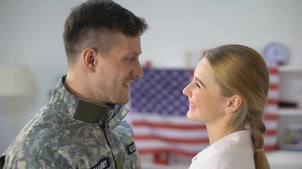 Happy US Soldier Embracing Wife With Love, Homecoming After Military Service