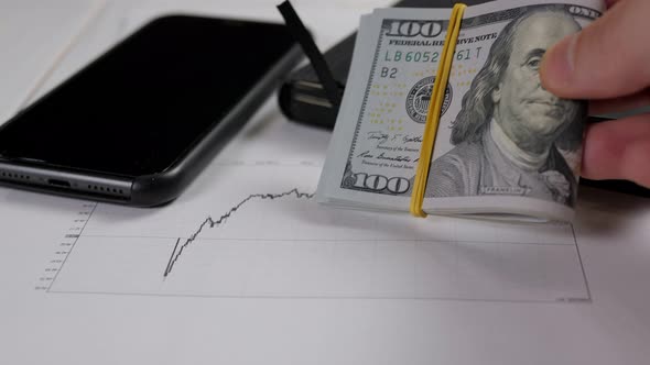 A Stack of Dollar Bills on a Table with Financial Charts a Phone and a Notepad