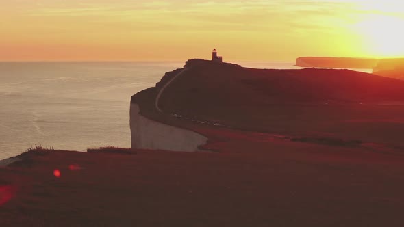 Panoramic view of Seven Sisters cliffs at sunset