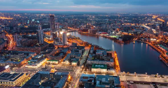 Downtown of City Yekaterinburg at Evening From Above Car Traffic Flow