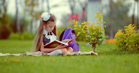 Little Child Girl Reading Book in the Grass