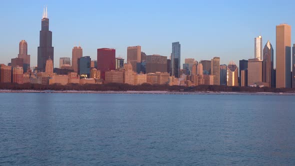 Chicago skyline morning sunrise blue sky 4k