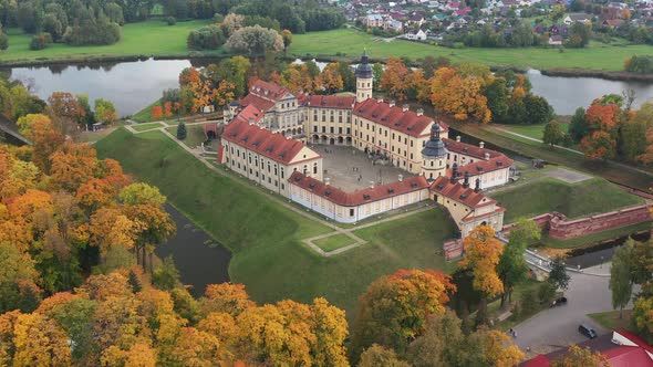 Top View of the Autumn Nesvizh Castle and Park