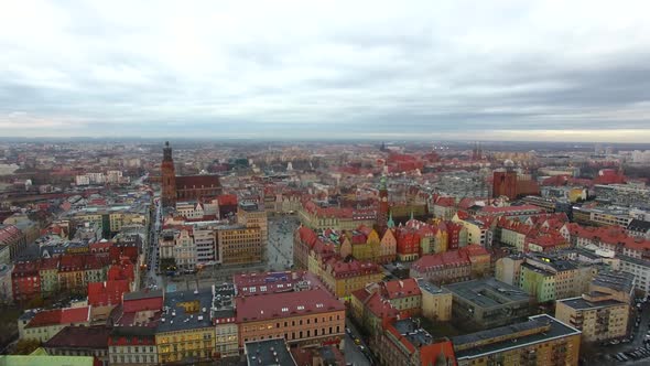 Aerial: Old town of Wroclaw at evening time