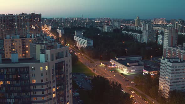 Night Flight OverTthe Modern Residential Area Of St. Petersburg