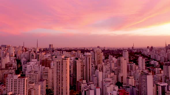 Sunset Sao Paulo Brazil. Panoramic landscape of downtown city building