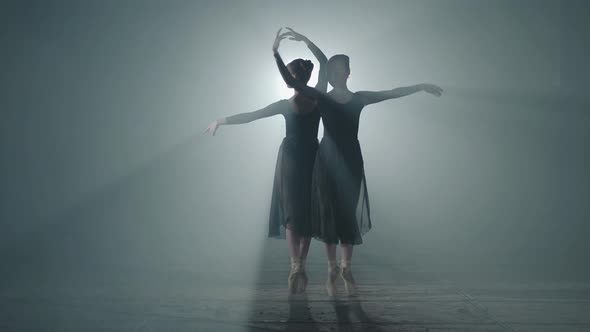 Two Graceful Professional Ballerinas Dancing on Her Pointe Ballet Shoeses in Spotlight on Black