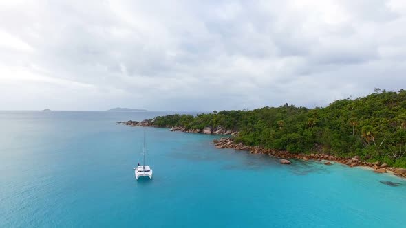 Aerial View Of Yacht In The Indian Ocean, Seychelles