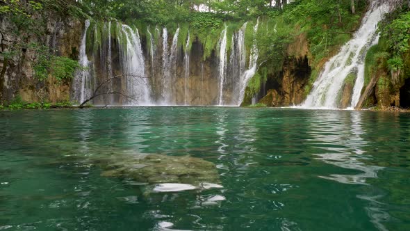 Turquoise Colored Transparent Lake Waters in Plitvice Lakes National Park, Croatia. Waterfalls and