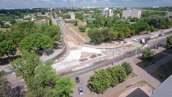 Road Construction Site with Tram Tracks Repair and Maintenance Aerial Timelapse