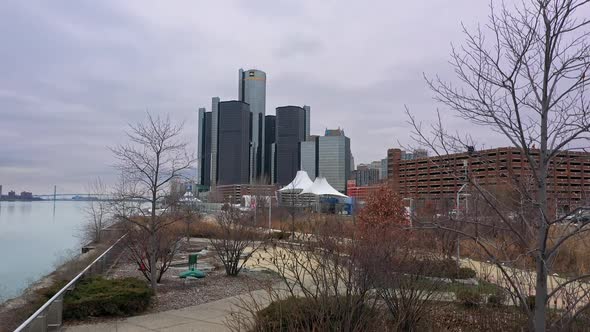 Rising aerial view of skyscrapers from Detroit Riverwalk