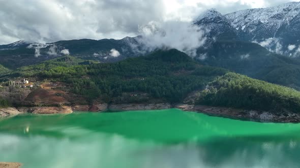 Mountain landscape on a large river aerial View Turkey 4 K