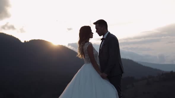 Newlyweds Silhouettes Bride Groom Hugging on Mountain Slope Holding Hands Wedding Couple Family