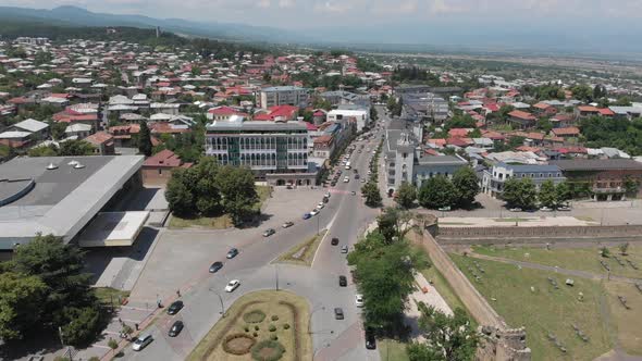 Aerial view of Telavi city center. flying over Batonis Tsikhe