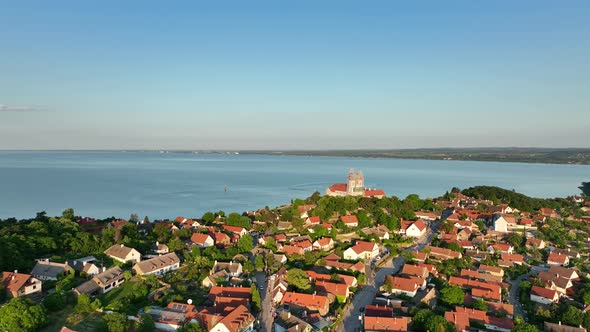 Aerial view of Tihany village overlooking Lake Balaton in Hungary