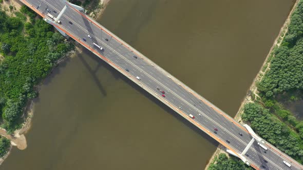 Drone view landscape highway bridge over river. Areal view city road landscape