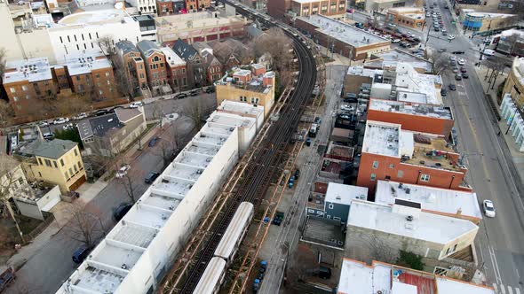 Train on Railroad Tracks for Commuters Using Public transportation in Chicago, Aerial View