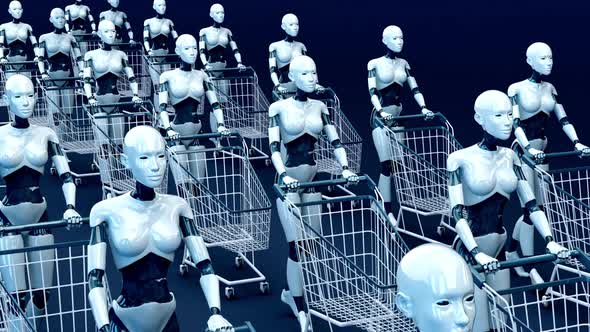 4K concept animation of women robots shopping