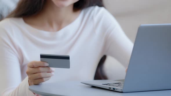 Closeup Female Hands Unknown Woman Consumer Freelancer Holds Plastic Credit Card Paying Order in Web