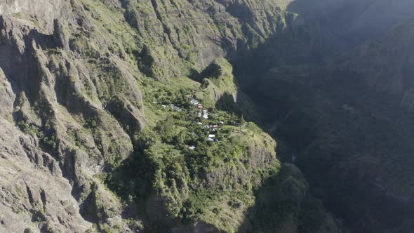 Aerial view of a village on the mountain, Reunion.