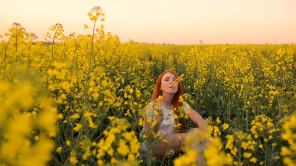 Young Redhair Woman Blowing Bubbles at the Camera Outdoors in Summer Meadow