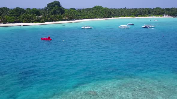 Sunny panorama of tropical island beach journey by ocean with sand background near waves