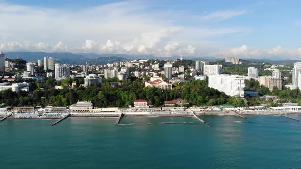 Aerial View of the City, Standing on the Coast, From the Sea. Sea View of the City Beach and the